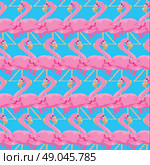 Seamless pattern with pink flamingos on blue background. Стоковая иллюстрация, агентство Ingram Publishing / Фотобанк Лори