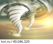 Two realistic tornado swirls with sun and clouds on background vector illustration. Tornado Swirls Illustration. Стоковая иллюстрация, агентство Ingram Publishing / Фотобанк Лори