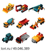 Isometric construction machines set with low poly bulldozer tractor and excavator isolated vector illustration. Isometric Construction Machines. Стоковая иллюстрация, агентство Ingram Publishing / Фотобанк Лори