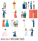 Theater acting flat icons collection with final love scene performance and audience applause abstract isolated vector illustration. Theater actors flat icons set . Стоковая иллюстрация, агентство Ingram Publishing / Фотобанк Лори