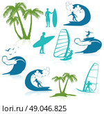 Surfing Icons With People. Surfing  icons with people silhouettes on the wave and palm trees  isolated vector illustration. Стоковая иллюстрация, агентство Ingram Publishing / Фотобанк Лори