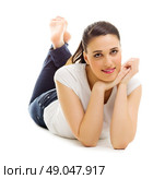 Young smiling woman isolated on white. Стоковое фото, агентство Ingram Publishing / Фотобанк Лори