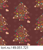 Seamless pattern with ornamental Christmas tree with reindeers, gift boxes and snowflakes, vector illustration. Стоковая иллюстрация, агентство Ingram Publishing / Фотобанк Лори