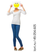 Young girl in jeans with sad poster isolated. Стоковое фото, агентство Ingram Publishing / Фотобанк Лори