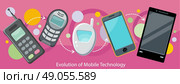 Evolution of mobile technology design flat. Communication telephone, phone modern, cell device, electronic screen, smart and invention, development digital illustration. Стоковая иллюстрация, агентство Ingram Publishing / Фотобанк Лори
