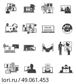 Web conferencing webinar black icons set. Web collaboration events with distant participants black icons set  with training seminar test abstract isolated vector illustration. Стоковая иллюстрация, агентство Ingram Publishing / Фотобанк Лори
