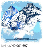 Sketch House In Winter Mountains. Sketch of winter landscape with remote house on snow wilderness and mountains background vector illustration. Стоковая иллюстрация, агентство Ingram Publishing / Фотобанк Лори