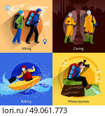  Tourism Icons Set. Tourism icons set with hiking caving rafting and photo tourism symbols flat isolated vector illustration. Стоковая иллюстрация, агентство Ingram Publishing / Фотобанк Лори