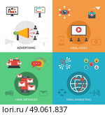 Viral marketing 4 flat icons square . Viral marketing strategic video and social networks mail 4 flat icons square banner abstract isolated vector illustration. Стоковая иллюстрация, агентство Ingram Publishing / Фотобанк Лори
