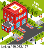  Fire Department Building  Isometric Concept.  Design concept of  fire department building with  fire trucks and people on sidewalks isometric vector illustration. Стоковая иллюстрация, агентство Ingram Publishing / Фотобанк Лори