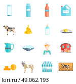Milk dairy products flat icons set. Bio milk farm ecological dairy products online flat icons set with cottage cheese abstract isolated vector illustration. Стоковая иллюстрация, агентство Ingram Publishing / Фотобанк Лори