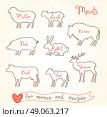 Set drawings of meat symbols, beef, pork, lamb, mutton, rabbit, bison, veal, venison, silhouettes of animals for design menus, recipes and packages product. Vector Illustration. Стоковая иллюстрация, агентство Ingram Publishing / Фотобанк Лори