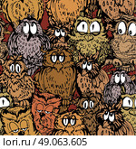 Seamless pattern with cute owls on branch. Hand drawn background. Стоковая иллюстрация, агентство Ingram Publishing / Фотобанк Лори