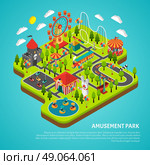 Amusement Park Attractions Fairground Isometric Banner. Amusement park fairground with big ferris observation wheel and bumper cars attractions isometric colorful banner vector illustration . Стоковая иллюстрация, агентство Ingram Publishing / Фотобанк Лори