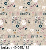 Seamless pattern with winter garden flowers, foxes and scarf, hat and mittens, vector illustration. Стоковая иллюстрация, агентство Ingram Publishing / Фотобанк Лори