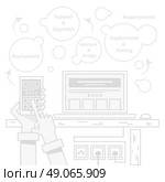 Concept of smart home and control device. Technology device, system mobile automation, monitoring energy power, electricity efficiency, equipment temperature, smart house, remote thermostat. Стоковая иллюстрация, агентство Ingram Publishing / Фотобанк Лори