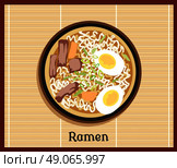 Japanese Ramen Concept. Japanese ramen. Vintage cartoon ramen noodles poster design with noodle and hot soup. Japanese noodle Ramen. Tonkotsu ramen.Pork bone ramen. Japanese food. Japanese ramen icon. Vector Japanese Ramen. Стоковая иллюстрация, агентство Ingram Publishing / Фотобанк Лори