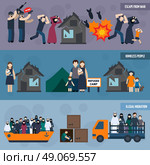 Stateless refugees banner set. Stateless refugees horizontal banner set with homeless people silhouettes vector illustration. Стоковая иллюстрация, агентство Ingram Publishing / Фотобанк Лори