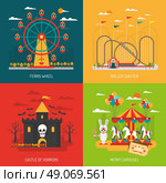 Funfair concept set. Funfair design concept set with children and family attraction flat icons isolated vector illustration. Стоковая иллюстрация, агентство Ingram Publishing / Фотобанк Лори