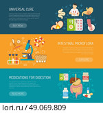 Digestion Banners Set. Digestion horizontal banners set with care and medications symbols flat isolated vector illustration . Стоковая иллюстрация, агентство Ingram Publishing / Фотобанк Лори