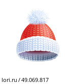 Modern Winter Knitted Hat Flat Pictogram. Modern knitted two colored beanie style hat with pompom for winter sport headwear flat print vector illustration . Стоковая иллюстрация, агентство Ingram Publishing / Фотобанк Лори
