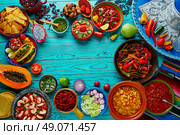 Mexican food mix copyspace frame colorful background Mexico. Стоковое фото, агентство Ingram Publishing / Фотобанк Лори