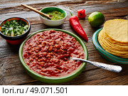 Chili with meat platillo Mexican food with sauces. Стоковое фото, агентство Ingram Publishing / Фотобанк Лори