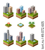 A set of isometric urban neighborhoods with high-rise buildings and swimming pools and parasols. Стоковая иллюстрация, агентство Ingram Publishing / Фотобанк Лори