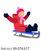 Sledding children design flat style. Sleigh toboggan, winter, sledge, snow and sled, slide and leisure, seasonal weather nature, downhill tobogganing, motion and recreation illustration. Стоковая иллюстрация, агентство Ingram Publishing / Фотобанк Лори