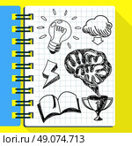 Scetch hand drawn new idea notebook. Idea and innovation new, light bulb, new concept, think outside the box, hand doodle drawn, notebook and sketch, drawing, scribble new idea business illustration. Стоковая иллюстрация, агентство Ingram Publishing / Фотобанк Лори