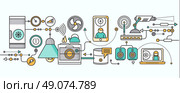 Concept of smart home and control device. Technology device, system mobile automation monitoring energy power electricity efficiency, equipment temperature, remote thermostat. Smart house illustration. Стоковая иллюстрация, агентство Ingram Publishing / Фотобанк Лори