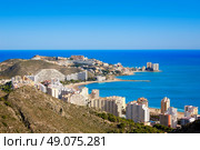 Cullera beach aerial with skyline of village in Mediterranean Valencia of Spain. Стоковое фото, агентство Ingram Publishing / Фотобанк Лори