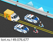 Isometric police motorcade car important toxic load. 3D Police guard, delivery escort, 3d policeman motorcycle, cortege car, toxic safety chemical, truck delivery danger, police storage hazardous. Стоковая иллюстрация, агентство Ingram Publishing / Фотобанк Лори