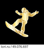 Extreme sport snowboard design. Snow and snowboard jump, snowboard isolated, surfing and winter, cold and mountain, speed board, season snowboarding, snowboarder illustration. Gold on black. Стоковая иллюстрация, агентство Ingram Publishing / Фотобанк Лори
