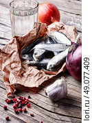 Glass of vodka,smoked sprat,spices in a rustic traditional Russian style. Стоковое фото, агентство Ingram Publishing / Фотобанк Лори