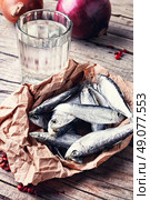 Glass of vodka,smoked sprat,spices in a rustic traditional Russian style. Стоковое фото, агентство Ingram Publishing / Фотобанк Лори