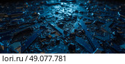 Dark futuristic alien surface with sharp metallic fragments and glowing reflections in deep blue mysterious lighting. Стоковое AI-изображение, AI-художник Павел Муравьев / Фотобанк Лори