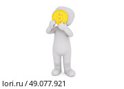Minimalist white 3d person hiding face behind big golden coin, creative finance concept, profit, wealth, anonymity, financial success, business, economy, saving. Стоковое AI-изображение, AI-художник Павел Муравьев / Фотобанк Лори
