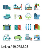 Textile Mill Flat Icons Set . Textile manufacturing process flat icons collection with weaving yarn  machinery equipment and clothes fabrication abstract isolated vector illustration. Стоковая иллюстрация, агентство Ingram Publishing / Фотобанк Лори