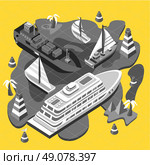 3d isometric set ships. Sea transport. Island and buoy, motorboat and containership, cruise and tanker, cargo shipping, boat transportation, ocean and vessel on yellow background. Sea transport vector. Стоковая иллюстрация, агентство Ingram Publishing / Фотобанк Лори