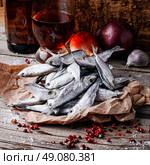 Glass of beer,smoked sprat,spices in traditional  rustic style. Стоковое фото, агентство Ingram Publishing / Фотобанк Лори