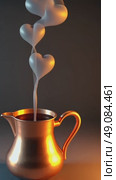 A traditional 3D icon of a copper coffee pot pouring steaming liquid that forms heart shapes in cartoon style. Стоковое AI-видео, аниматор Sergey Grishin / Фотобанк Лори