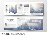 Vector set of tri-fold brochures, square design templates with element of world map. DNA molecule structure on a blue background. Science vector background. Стоковая иллюстрация, агентство Ingram Publishing / Фотобанк Лори