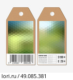 Vector tags design on both sides, cardboard sale labels with barcode. Polygonal design vector, colorful geometric hexagonal backgrounds. Стоковая иллюстрация, агентство Ingram Publishing / Фотобанк Лори