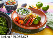 Nopal taco mexican food with chili pepper and ingredients on colorful table. Стоковое фото, агентство Ingram Publishing / Фотобанк Лори
