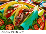 Mexican chicken and beef fajitas tacos in colorful table with sauce. Стоковое фото, агентство Ingram Publishing / Фотобанк Лори