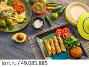 Mexican carnitas tacos with flautas from Mexico food ingredients. Стоковое фото, агентство Ingram Publishing / Фотобанк Лори