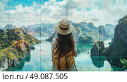 A woman stands in front of a large window, gazing out at the beautiful scenery of Halong Bay, Vietnam. Стоковое AI-изображение, AI-художник Данила Большаков / Фотобанк Лори