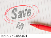 Save memo with a red circle and a disk sketch. Стоковое фото, агентство Ingram Publishing / Фотобанк Лори