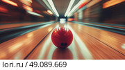 A red bowling ball rolling down the lane with motion blur, creating a dynamic sports action shot. Perfect for sports, bowling, and competition-related content. Стоковое AI-изображение, AI-художник Катерина Бондарец / Фотобанк Лори